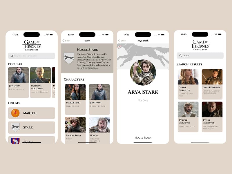 Game Of Thrones Characters App Screens
