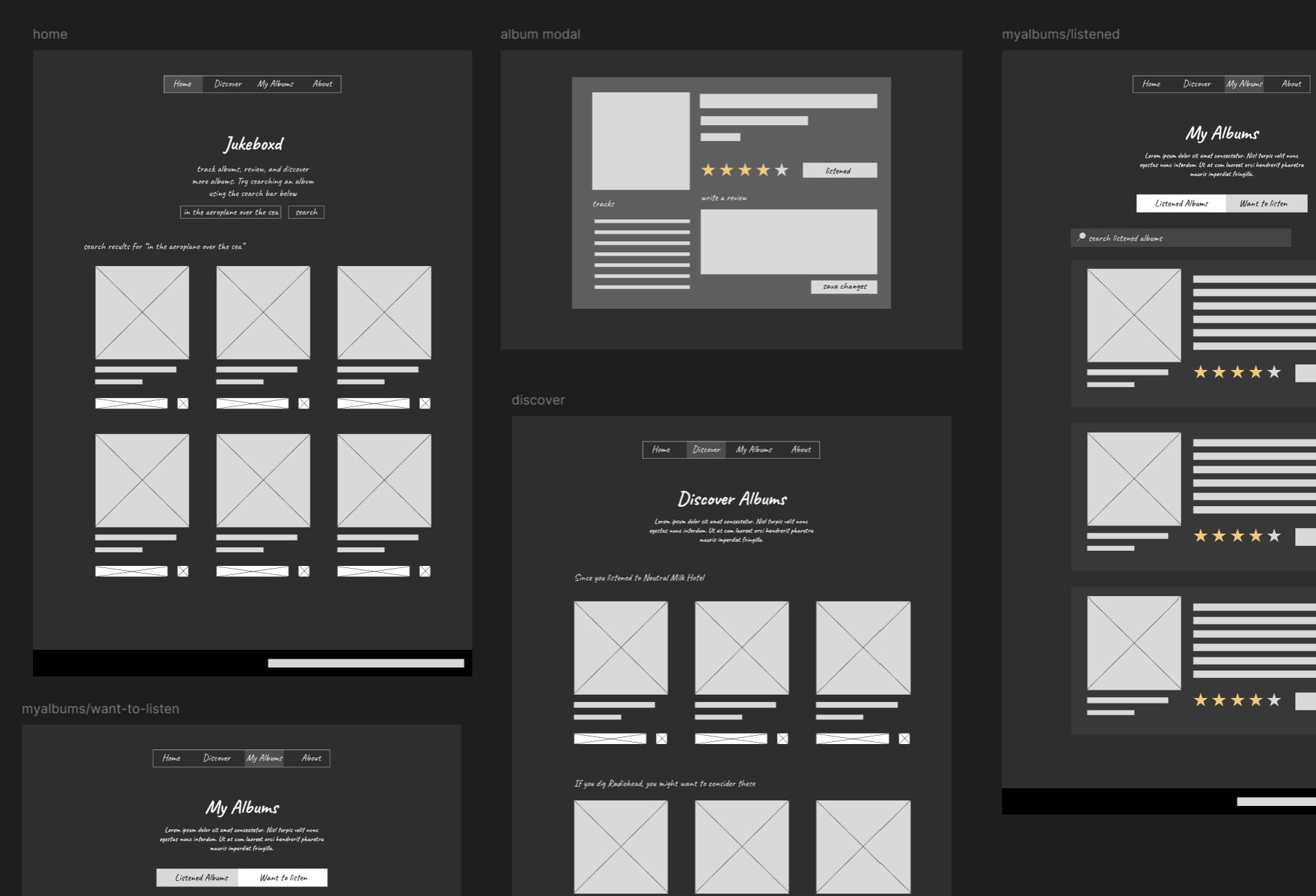Initial wireframes of Jukeboxd